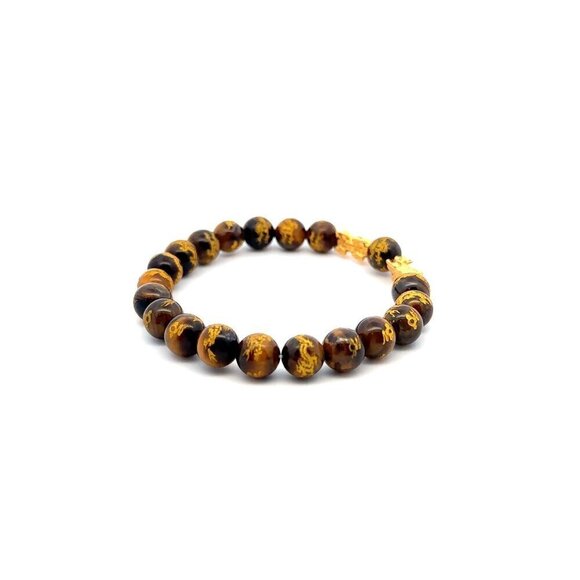 18K Gold Dragon Pixiu Double Piyao Lucky Charm Bracelet Gemstones Tiger's Eye 8m - Picture 3 of 4